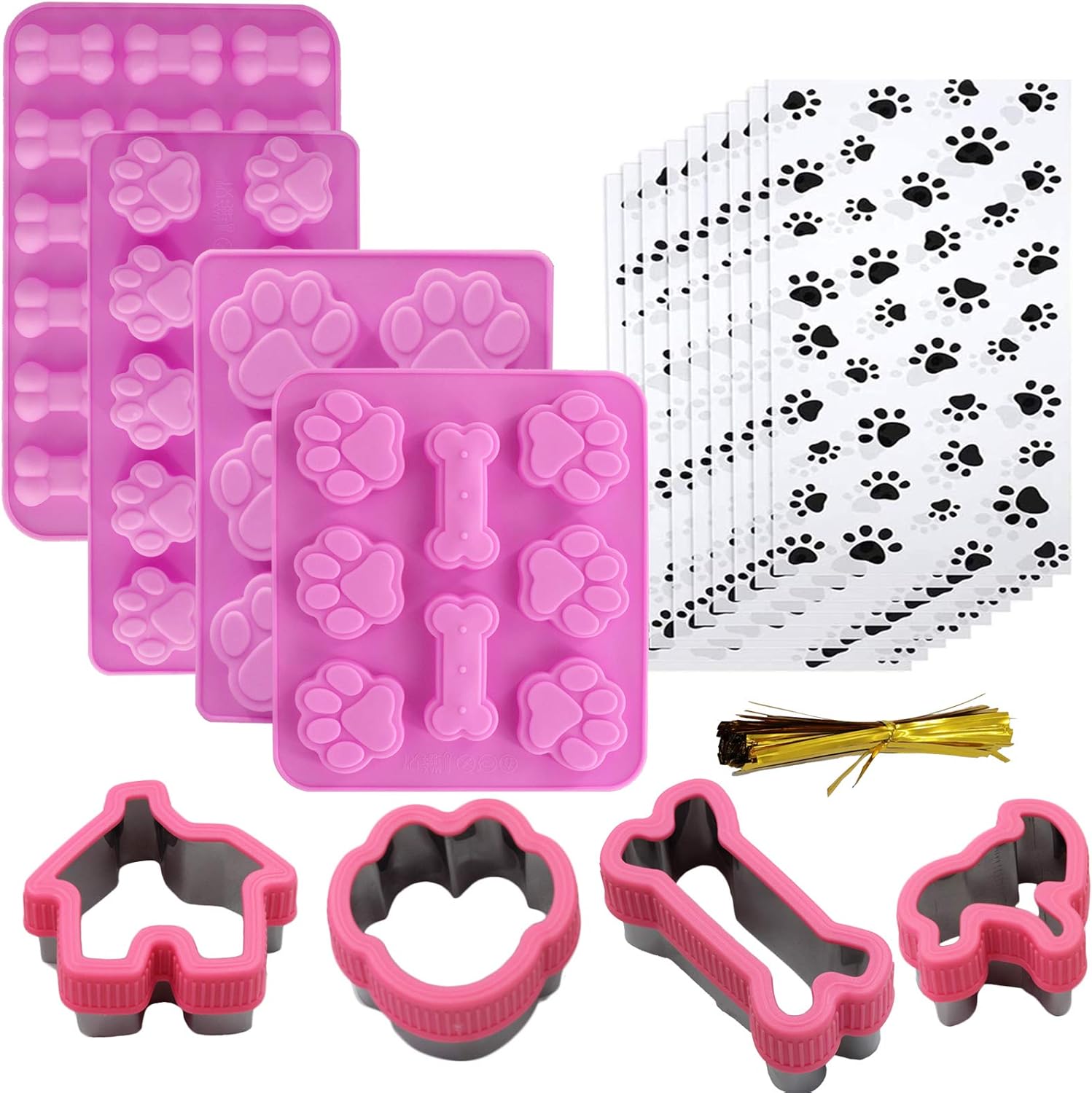 Shxmlf Dog Baking Supplies, Dog Treat Silicone Molds,Stainless Steel Puppy Paw Bone House Cookie Cutters, with 100 Pieces Dog treat bags for Homemade Chocolate, Candy, Jelly, Ice Cube, Doggie Treats