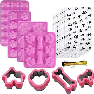 Shxmlf Dog Baking Supplies, Dog Treat Silicone Molds,Stainless Steel Puppy Paw Bone House Cookie Cutters, with 100 Pieces Dog treat bags for Homemade Chocolate, Candy, Jelly, Ice Cube, Doggie Treats