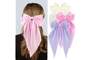 Loqpol 3 PCS Silky Satin Hair Bows, Oversized Long Tail Bows with Barrette Clips, Coquette Hair Accessories for Women and Girls (Light Pink - Lavender - Beige)