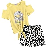 Arshiner Girls Short Sets 2 Pieces Outfits Short Sleeve Tie Knot T-Shirts and Casual Shorts With Pockets Cute Clothes Sets