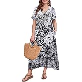 LARACE Womens Plus Size Short Sleeve Dresses Casual V Neck Button Up Pleated Flowy Long Maxi Dress with Pockets L-6XL