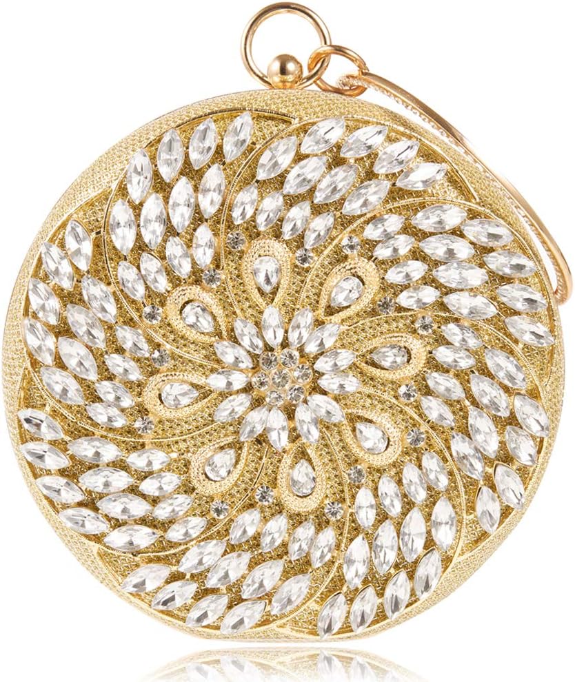 Womens Evening Bag Round Rhinestone Crystal Clutch Purse Ring Handle Handbag For Weddng Prom Party (Gold)