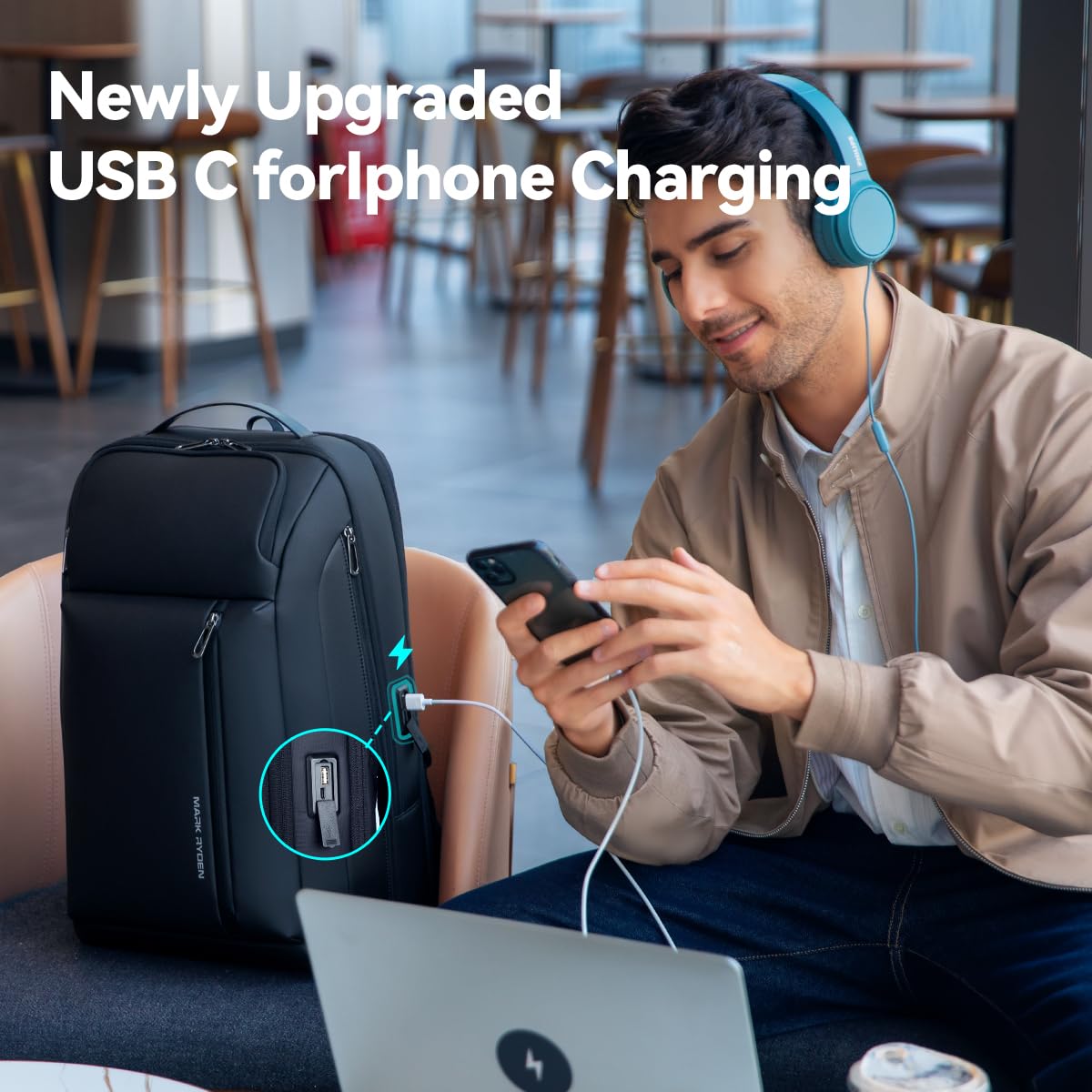 MARK RYDEN Erweiterbarer 25L-35L Große Kapazität Business Rucksack Herren, 15.6 Zoll Laptop Rucksack mit USB-C, 45x30x18 Reiserucksack für Städtetrips und Kurzurlaube - Schwarz 6
