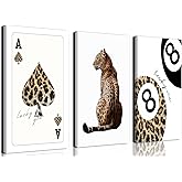 Trendy Leopard Canvas Wall Art Set of 3 - Cheetah Prints Wall Decor Pictures, Funky Lucky You 8 Ball Poster Preppy Aesthetic Paintings, for Girls Bedroom Dorm Apartment 12x16 inch Framed
