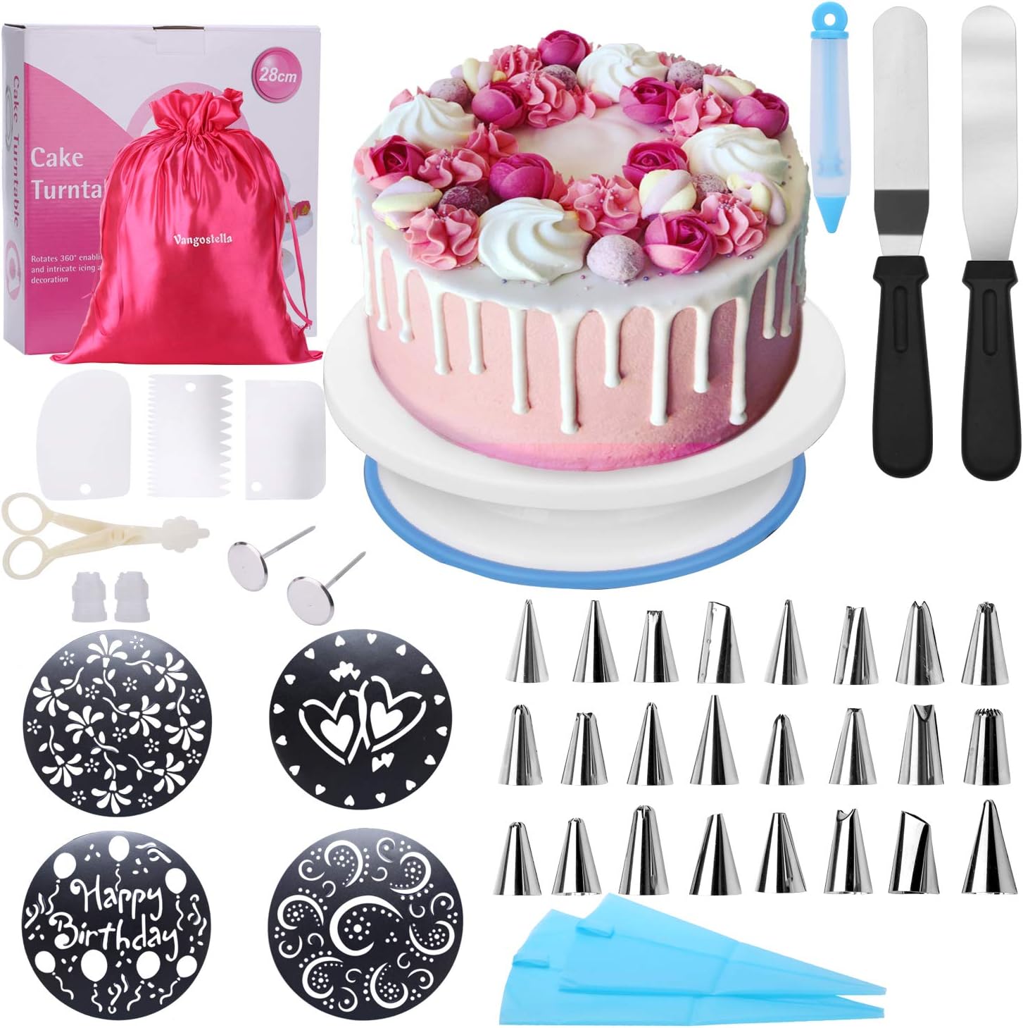 Cake Decorating Supplies Kit with Rotating Cake Turntable,Baking Supplies for Beginners,Kids(Gift bag included),4 Cake Stencils,24 Stainless Icing Tips,2 Pastry Bags,3 Cake Scrapers,2 Icing Spatula