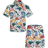 Yoimira Boys Hawaiian Shirt and Short Set Beach Shirts for Kids Printed Casual Outfit 2 Piece with Pocket 7-14 Years