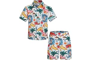 Yoimira Boys Hawaiian Shirt and Short Set Beach Shirts for Kids Printed Casual Outfit 2 Piece with Pocket 7-14 Years