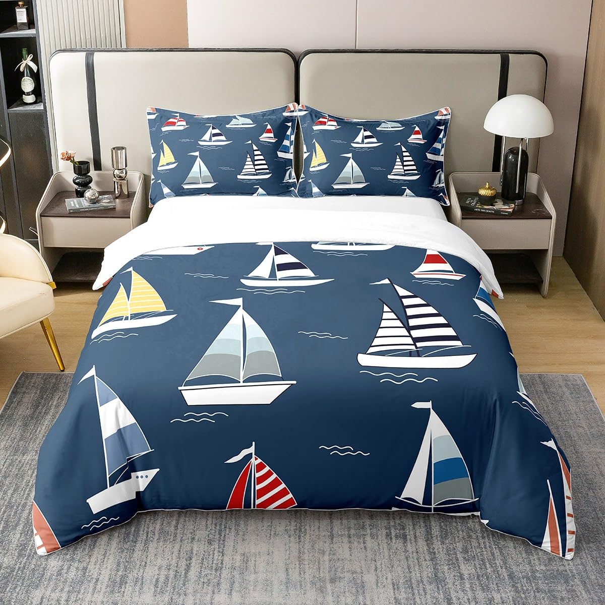 Loussiesd Kids Boat 100% Cotton Duvet Cover Super King Size Nautical Bedding Cotton Duvet Cover Set Ocean Themed Comforter Cover Set Navy Blue Bedspread Cover