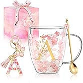Personalized Gift for Women Cute Monogrammed Double Wall Glass Coffee Mug Tea Cup with Spoon Customized Birthday Valentine Mother's Day Christmas Gift for Mom Wife Friends Sister Coworker(Letter A)