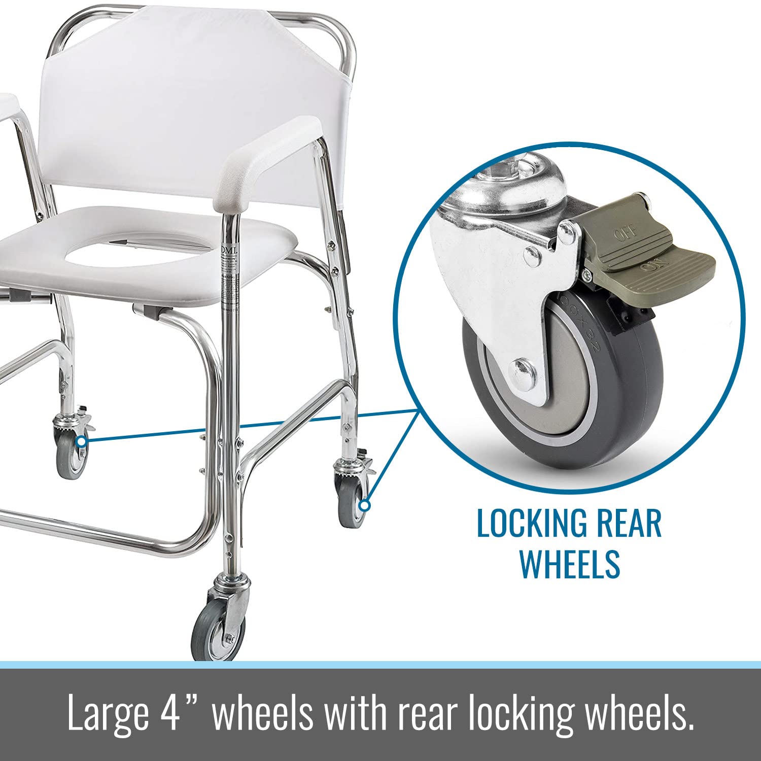 DMI Rolling Shower Chair, Commode, Transport Chair, FSA Eligible, Rolling Bathroom Wheelchair for Handicap, Elderly, Injured or Disabled, Rear Locking Wheels, 250 lb. Weight Capacity, White