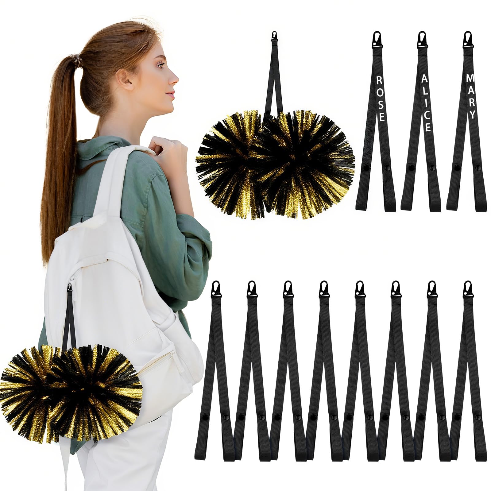 Photo 1 of Ribbonlic 12 Pcs Personalized Black Pom Poms Holder for Cheerleading Accessories for Cheerleader Adjustable Backpack Straps Holder Cheerleader Cheerleading Gifts for Girls, No Pom Poms