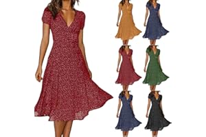 ESCBUKI Summer Dresses for Women 2024 Vacation Short Sleeve Polka Dot Boho Dress Wrap V Neck Beach Dresses with Belt