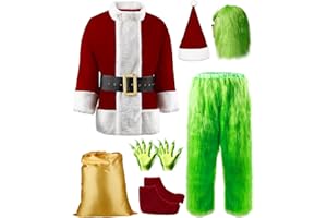 PrettyQueen Christmas Halloween Green Santa Costume with Mask Funny Santa Suit for Men Adult Cosplay Costume Xmas Outfit