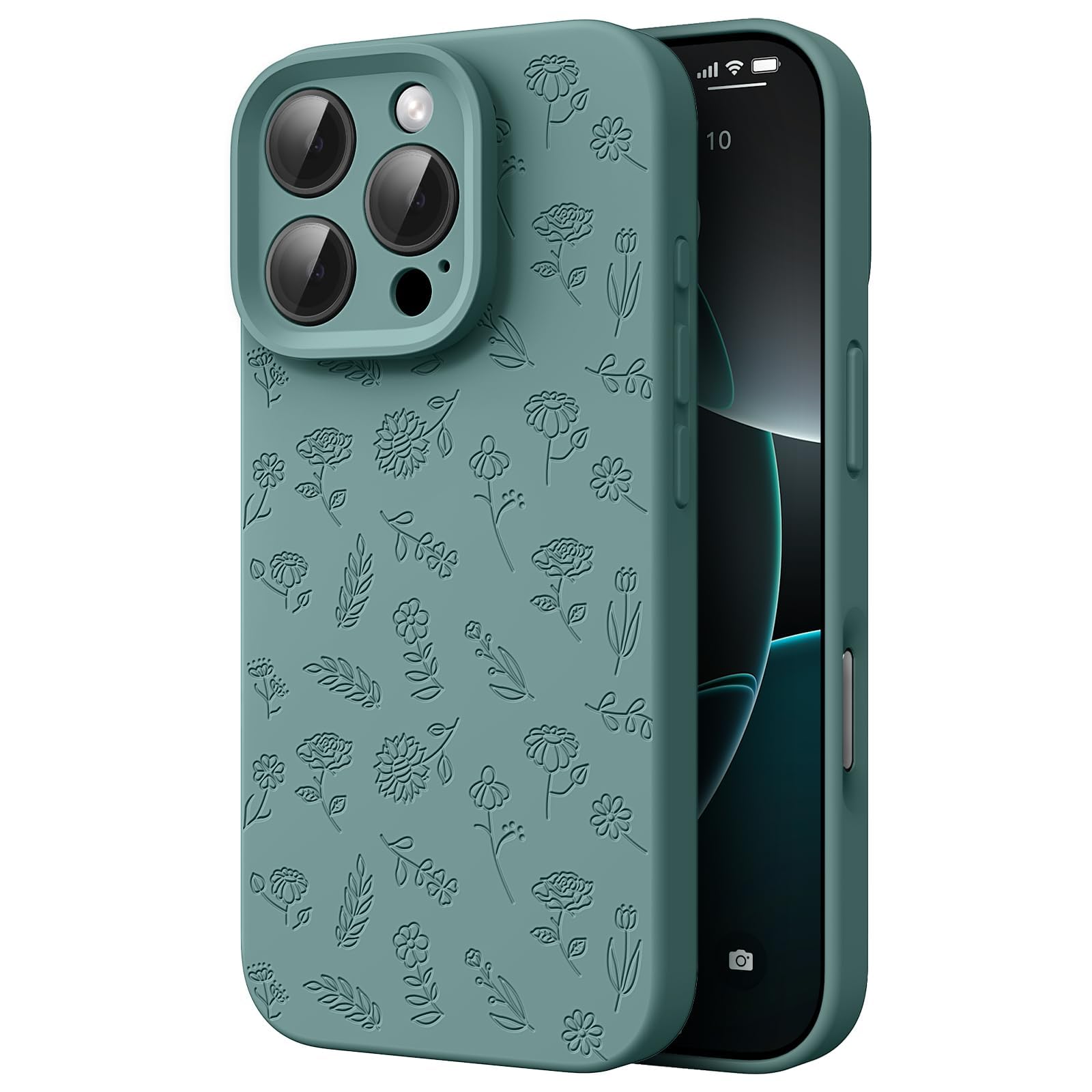 Photo 1 of Engraved Case for iPhone 16 Pro Max Phone Case for Women Compatible with Mag safe, Hard Liquid Silicone Cute Midnight Green Flower Design Shock Proof Heavy-Duty Protection for Women Girls