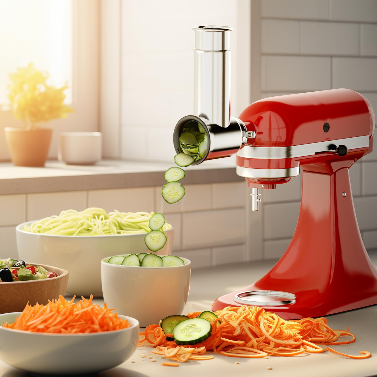 Stainless Steel Slicer Shredder Attachment for Kitchenaid Stand Mixer, Cheese Grater, Salad Maker Accessories for Kitchenaid Mixer, Grinding Powder with 4 Blades by Focollk