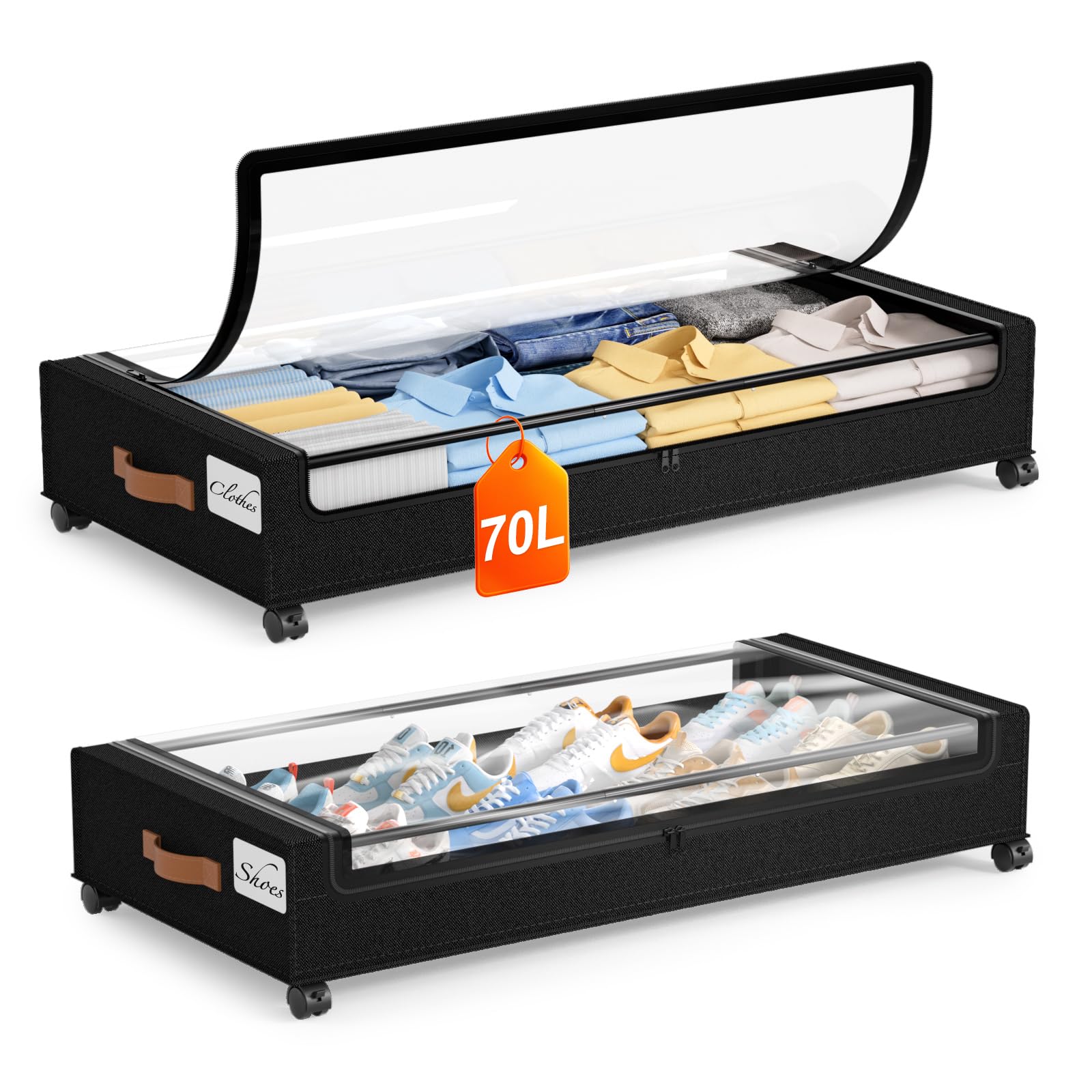 Photo 1 of Yecaye Under Bed Storage with Wheels 2Pack, 70L Larger Capacity Under Bed Storage Containers, Underbed Shoe Storage Organizer, Rolling Under Bed Metal Drawers for Clothes, Blankets(35.5 x 17 x 6.7in)