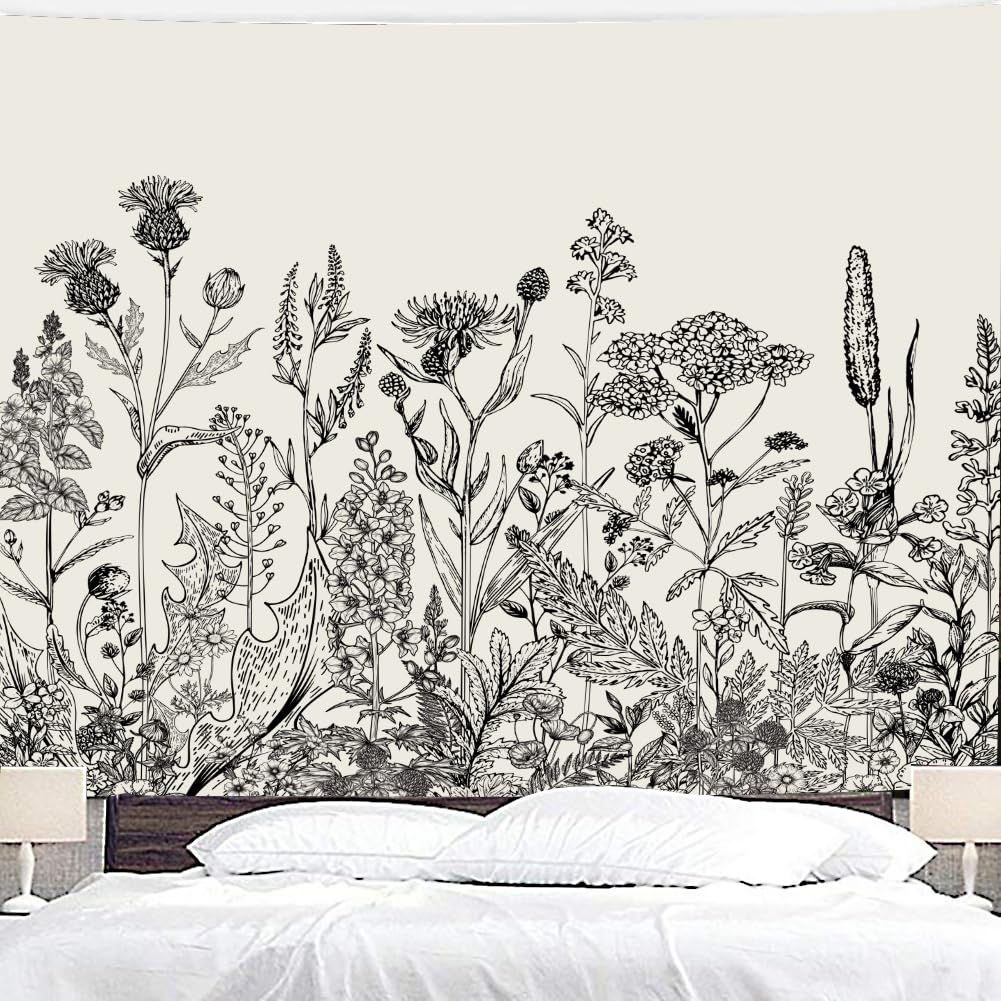Riyidecor Plant Floral Tapestry Herbs Wild Flower 80Wx60H Inch Nature Botanical Vintage Blossom Garden Aesthetic Sketch Trendy Modern Wall Hanging Bedroom Living Room Decor