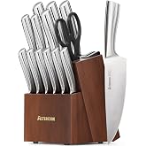 Astercook Knife Set, Kitchen Knives Set with Block and Sharpener Full Tang 15 Pcs Stainless Steel Knives, Dishwasher Safe Knife Set with Anti-Slip Ergonomic Handle, Walnut, Fathers Day Gift for Men