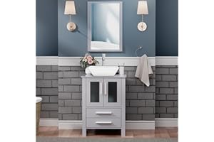 UEV 24" Grey Bathroom Vanity with Ceramic Vessel Sink, ORB Faucet and high-Definition Mirror Combo, MDF Vanity with Pop Up Drain and 30% Water-Saving Design, Soft Closing Drawers/Doors (A07)