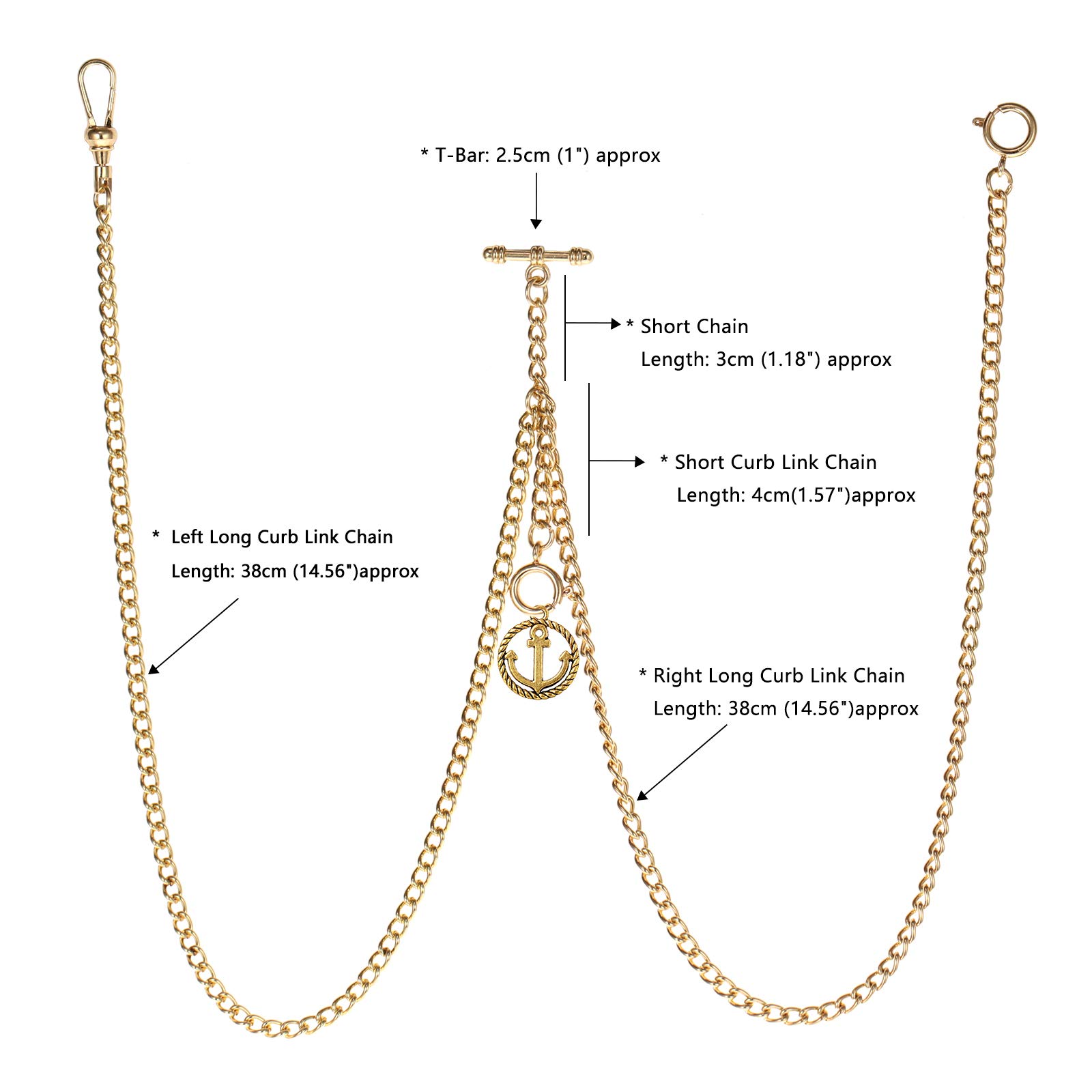 TREEWETO Men's Double Albert Chain Pocket Watch Curb Link Key Chain 3 Hooks with Antique Anchor Pendant Design Charm Fob T Bar