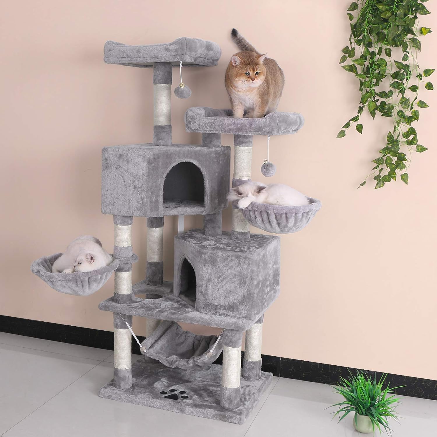 BEWISHOME Multi-Level Cat Tree Condo with Sisal Scratching Posts, Perches, Houses, Hammock and Baskets, Cat Tower Furniture Kitty Activity Center Kitten Play House Light Grey MMJ05G : Pet Supplies