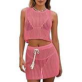 Fisoew Womens 2 Piece Crochet Sets Sleeveless Crop Tops Cover Up Beach Mini Skirt Outfits Vacation Sets