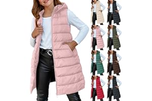 Girls Long Puffer Vest Winter Sleeveless Quilted Jackets Solid Puffy Warmth Vests Gilet Hooded Zip Up Outwear Coats