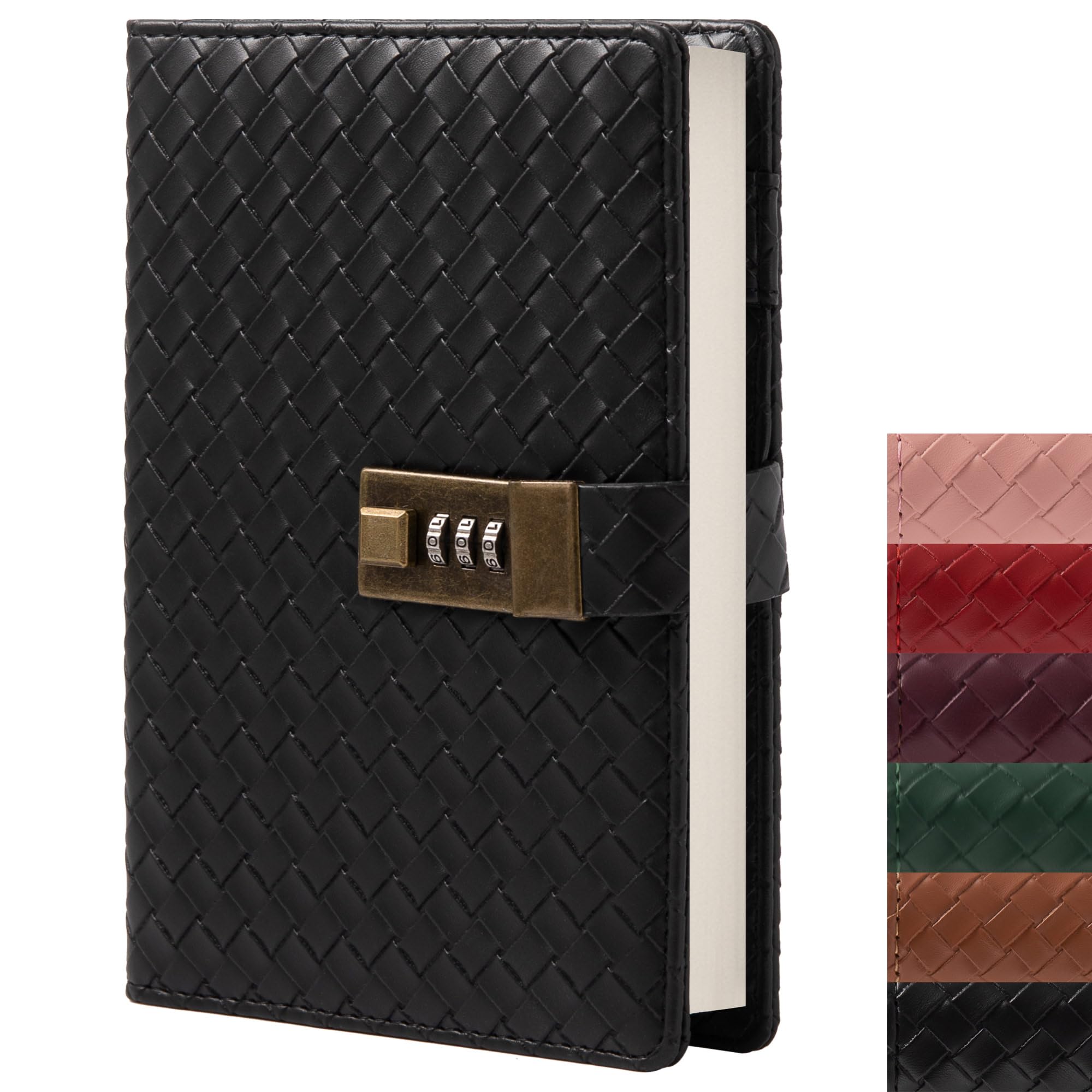 B6 Leather Journal Notebook with Combination Lock, Travel Refillable Ruled Lined Writing Paper, Secret Password Gift Diary for Women Girls Boys (Black)