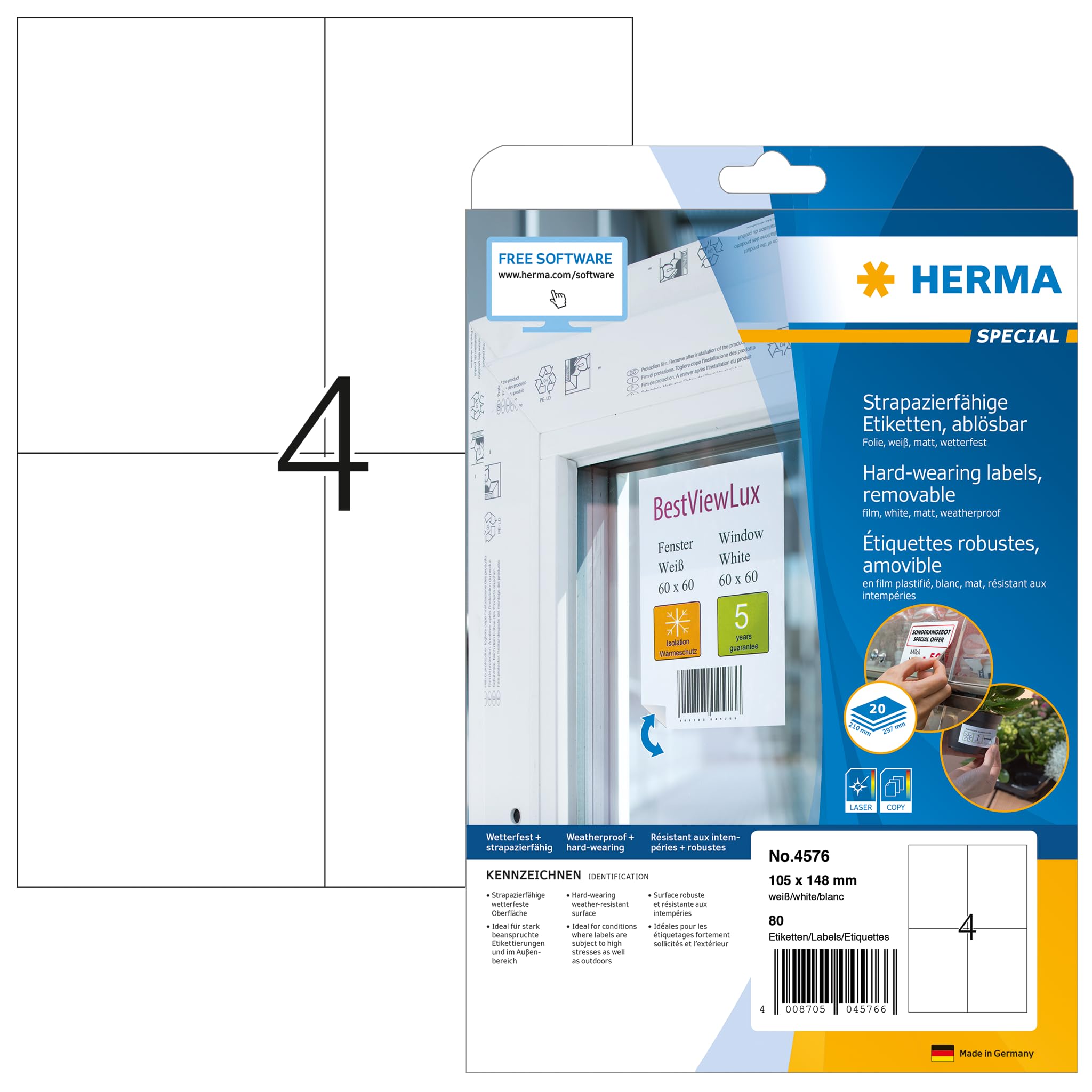 HERMA Self Adhesive Removable Film Labels, 4 Labels per A4 Sheet, 20 Sheets, 105 x 148 mm, 80 Labels, Blank Weatherproof Labels Stickers, Sticky Labels for Laser & Inkjet Printer, White