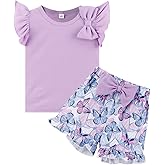 Girls 2 Piece Short Set Baby Girl Summer Clothes Ruffle Sleeve T-Shirt and Bow Knot Shorts Toddler Girl Outfit Set