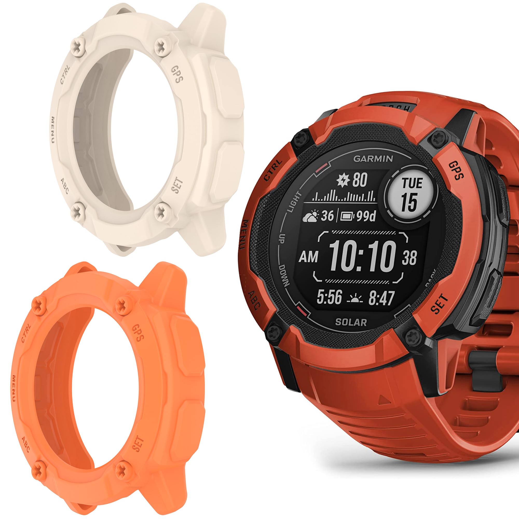 Compatible for Garmin Instinct 2X Smartwatch Case, Blueshaweu Silicone Protective Case Cover Bumper Compatible with Garmin Instinct 2X Solar Rugged GPS Smartwatch (2 pack-Apricot white+Orange)