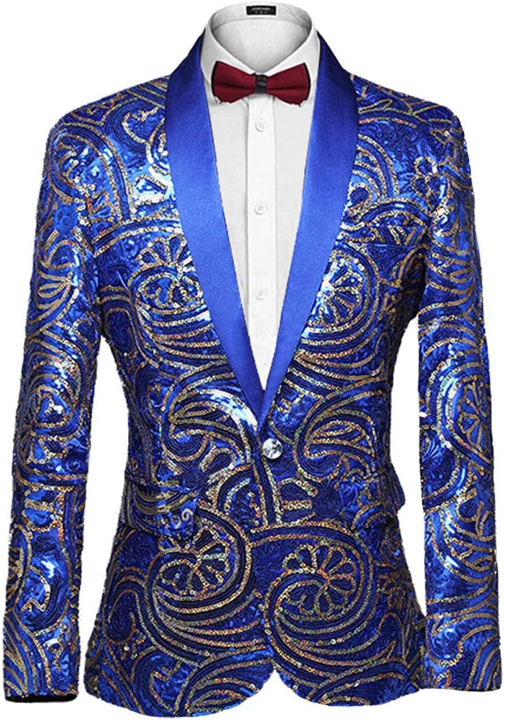 PYJTRL Men's Pink Gold Flower Pattern Wedding Groom Singer Sequins Suit Jacket