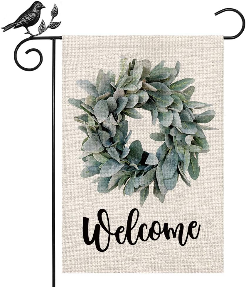 AENEY Welcome Lamb's Ear Grapevine Wreath Garden Flag 12.5 x 18 Inch Vertical Double Sized Farmhouse Burlap Flag Garden Yard Lawn Outdoor Decoration