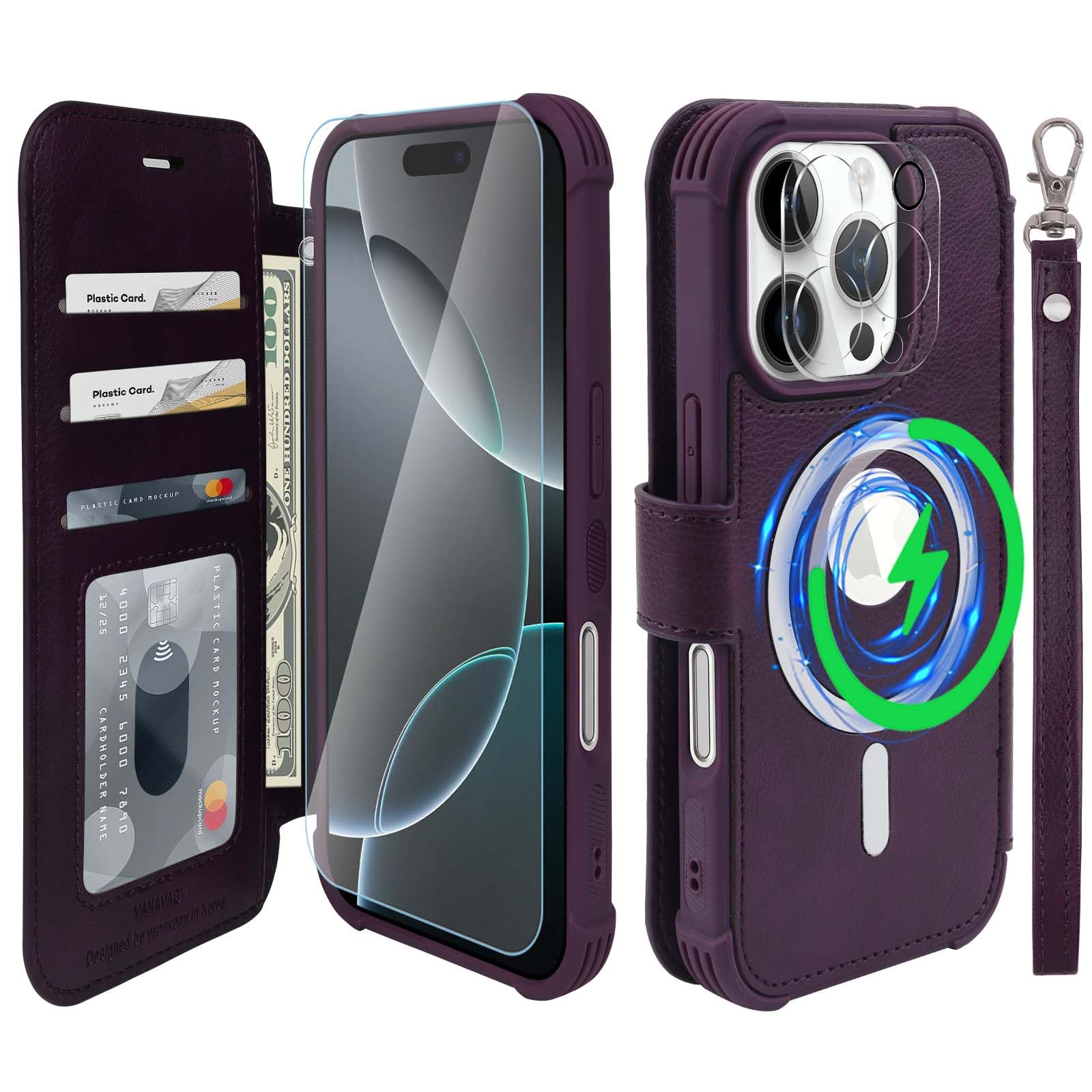 VANAVAGY Compatible for iPhone 16 Pro Max Wallet Case for Magsafe Wireless Charging,Leather Flip Wrist [Glass Screen Protectors and Camera Lens Protectors]with RFID Block Card Holder,Purple