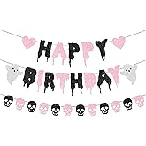 FHGG Pink Glitter Halloween Birthday Banner Black and Pink Heart Skull Garland Happy Birthday Decorations for Halloween Party Decorations Theme Baby Shower Supplies