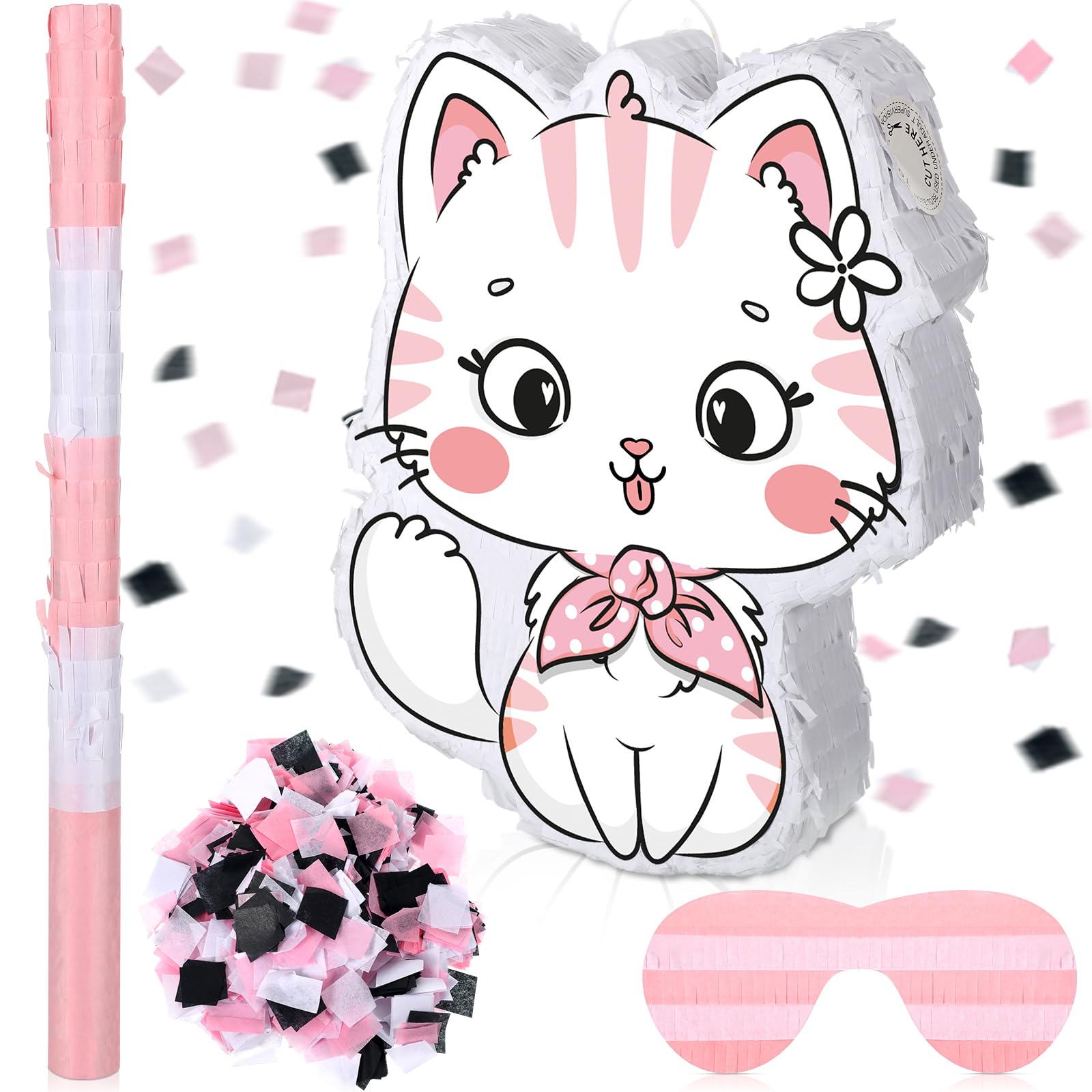 Photo 1 of Seematn Kitty Piñata Birthday Party Supplies Cat Piñata with a Blindfold, Bat and Confetti for Kitty Themed Party Decorations 15.75 x 11.81 x 2.95'' Pink and White