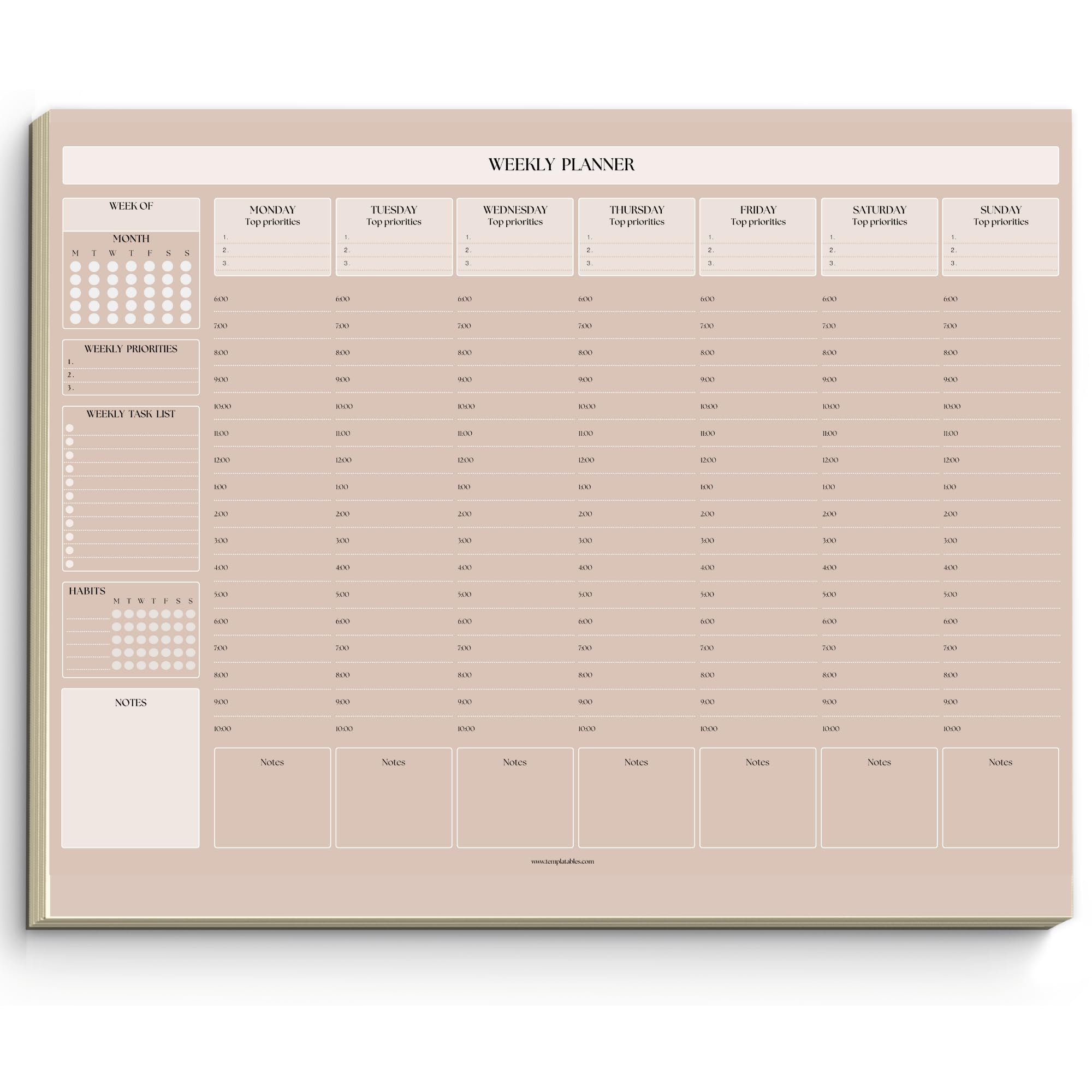 Weekly Hourly Planner Notepad, Daily Planner Desk Pad, Weekly Schedule, To Do List Note Pad, ADHD Planner | 50 Undated Tear Away Sheets | A4 (Lux)