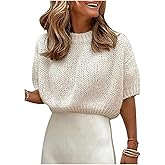 GORGLITTER Women's Puff Sleeve Crewneck Knit Shirt Top Short Sleeve Solid Loose Sweater