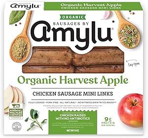Amylu Foods Organic Harvest Apple Breakfast Sausages, Natural Ingredients, 9g of Protein, Chicken Raised with No Antibiotics,