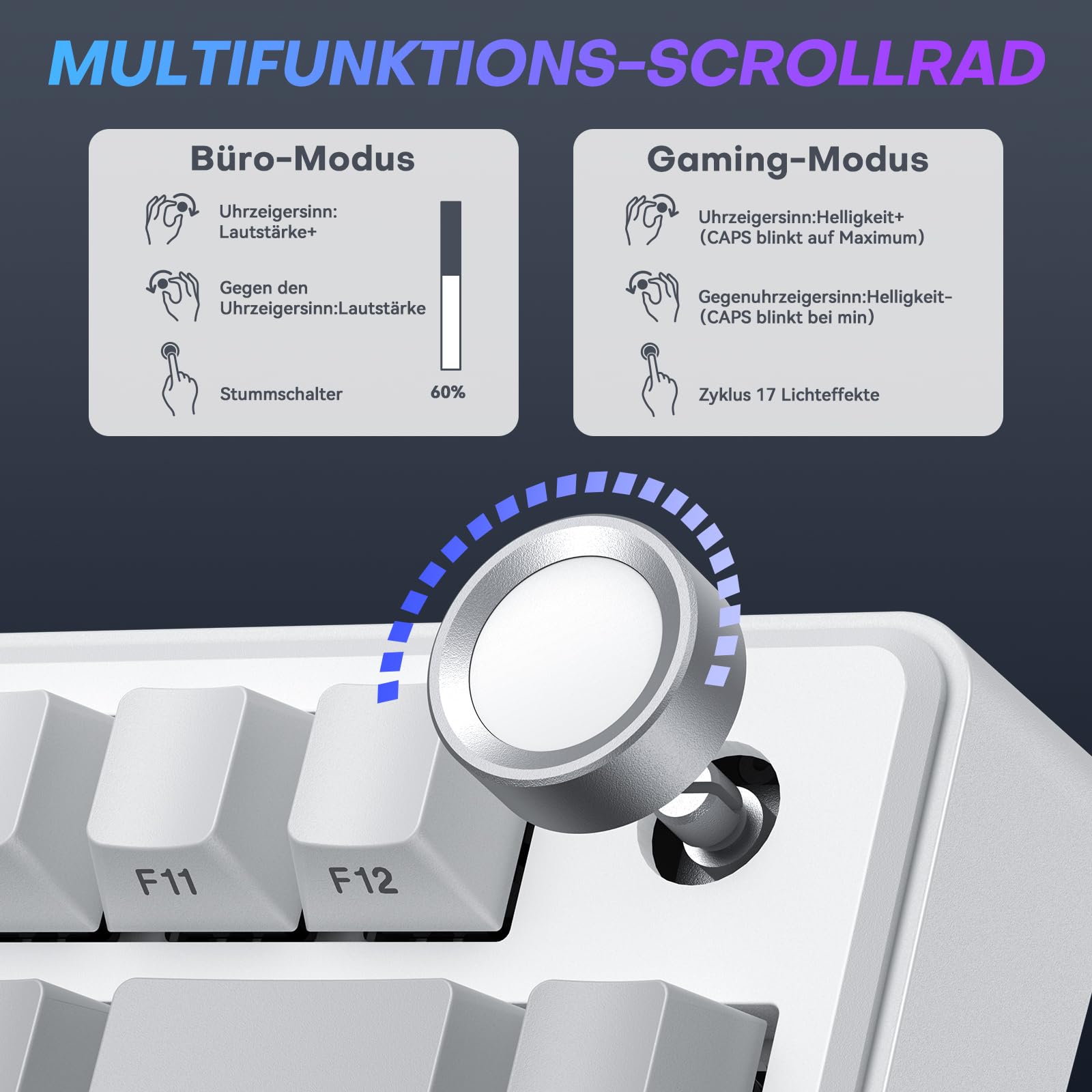 TECURS 75% Gaming Tastatur Kabellos, DREI-Modus 2.4GHz/BT5.0/Type-C RGB Rote Schalter Mechanische Tastatur, Hot Swap, Seitliche Gravur PBT-Tastenkappen mit Drehknopf, QWERTZ (Gradient Grau) 9
