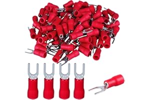 DIANQI 100pcs Insulated Fork Spade Wire Connectors, 22-16AWG U-Type Electrical Crimp Terminals Kit for USA Screw#4 (M3 Red)