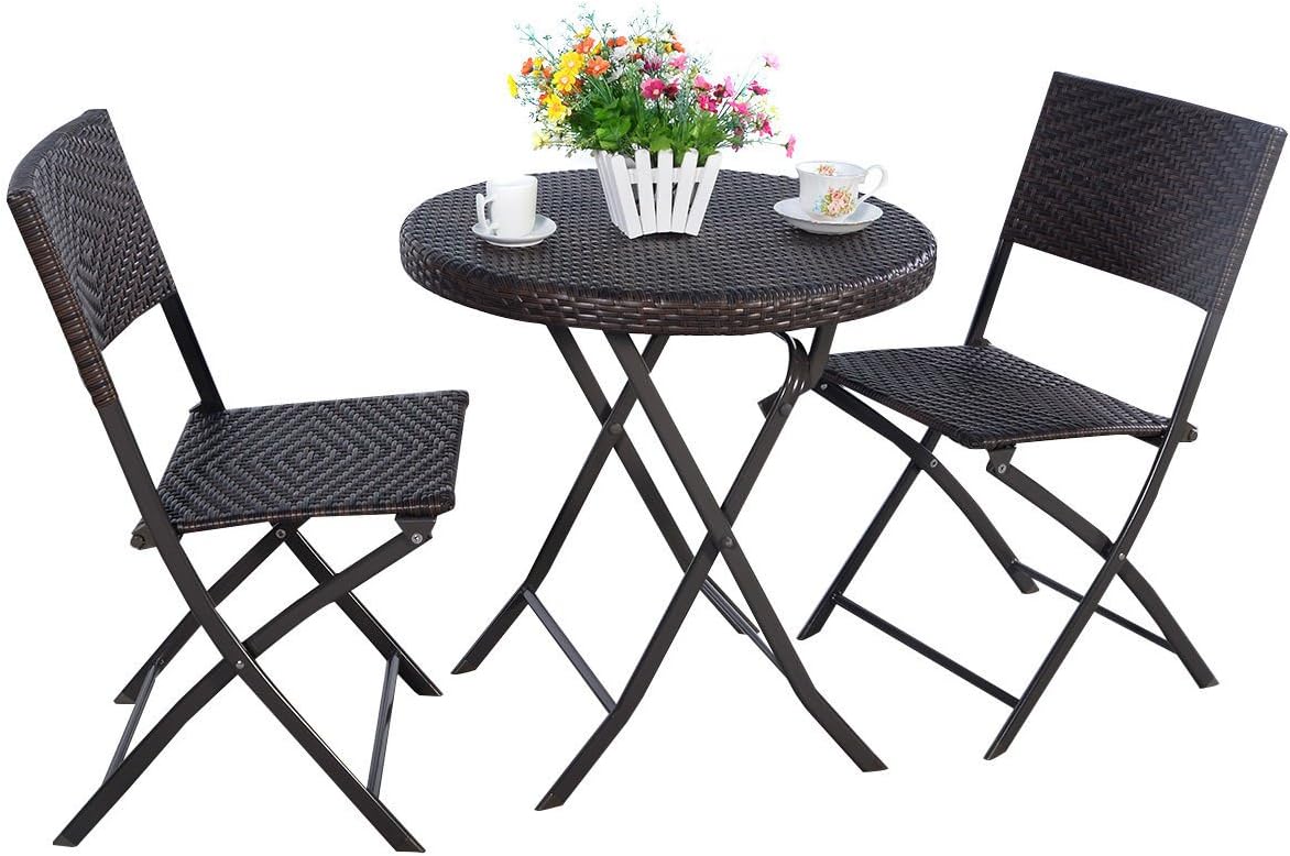 K&A Company Set Patio Table Chairs Iron Vintage Dining Woodard Wrought Mid Century Chair Cast Aluminum Folding Bistro Set Rattan Wicker Outdoor Furniture 3PC Brown