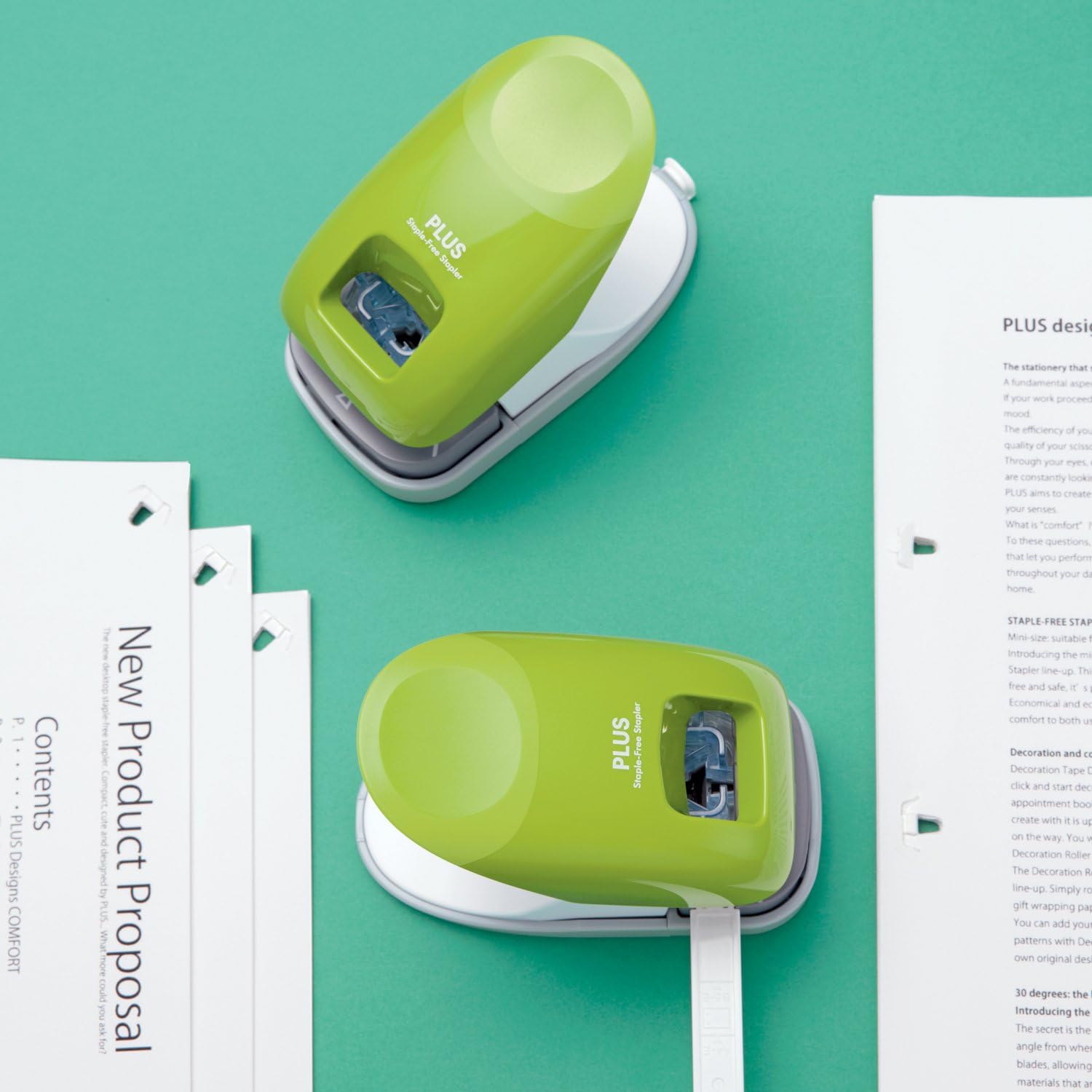 PLUS Paper Clinch Desktop Staple-Free Stapler, Green (31261) : Office Products