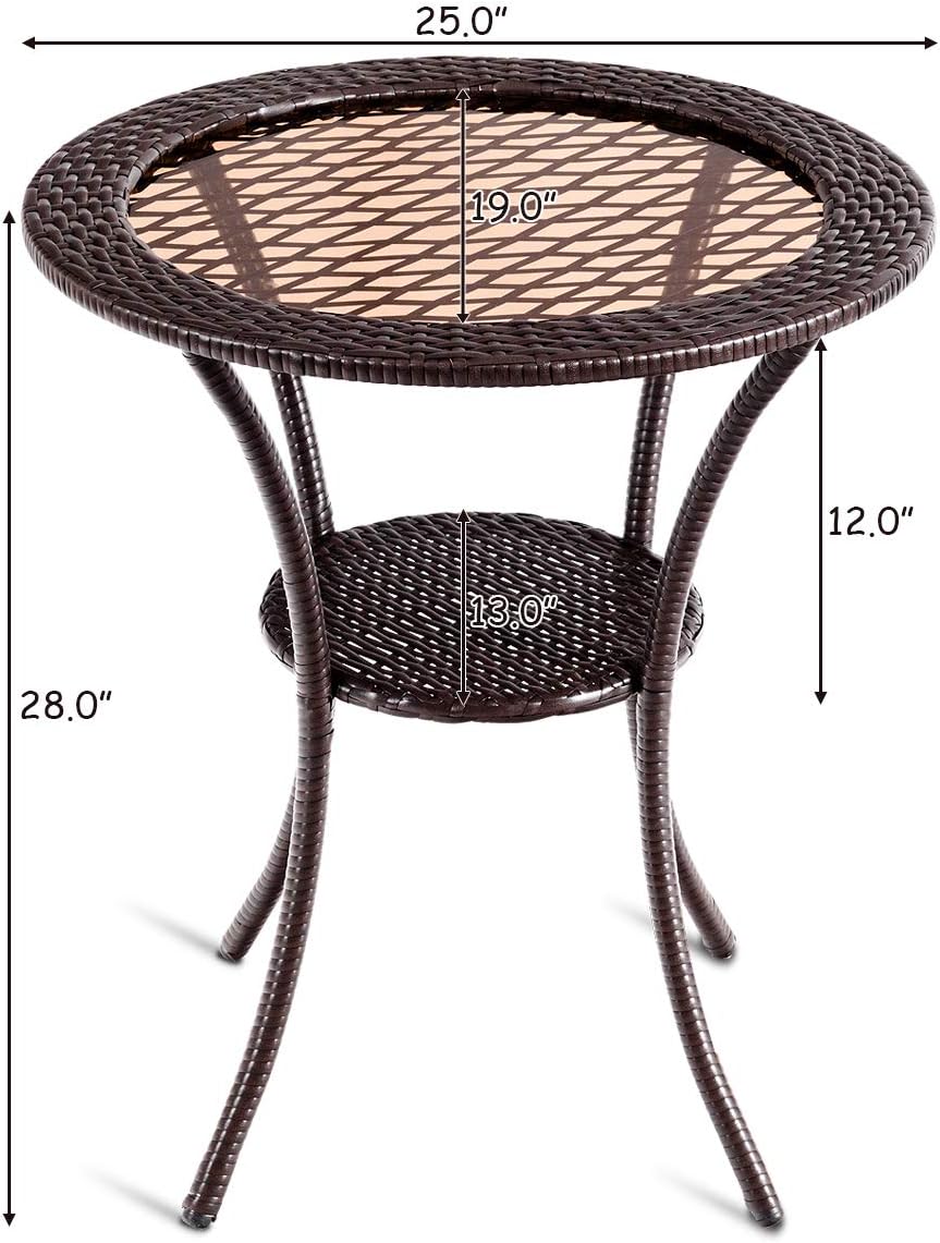 Tangkula 25” Patio Wicker Coffee Table Outdoor Backyard Lawn Balcony Pool Round Tempered Glass Top Wicker Rattan Steel Frame Table Furniture W/Lower Shelf: Kitchen & Dining