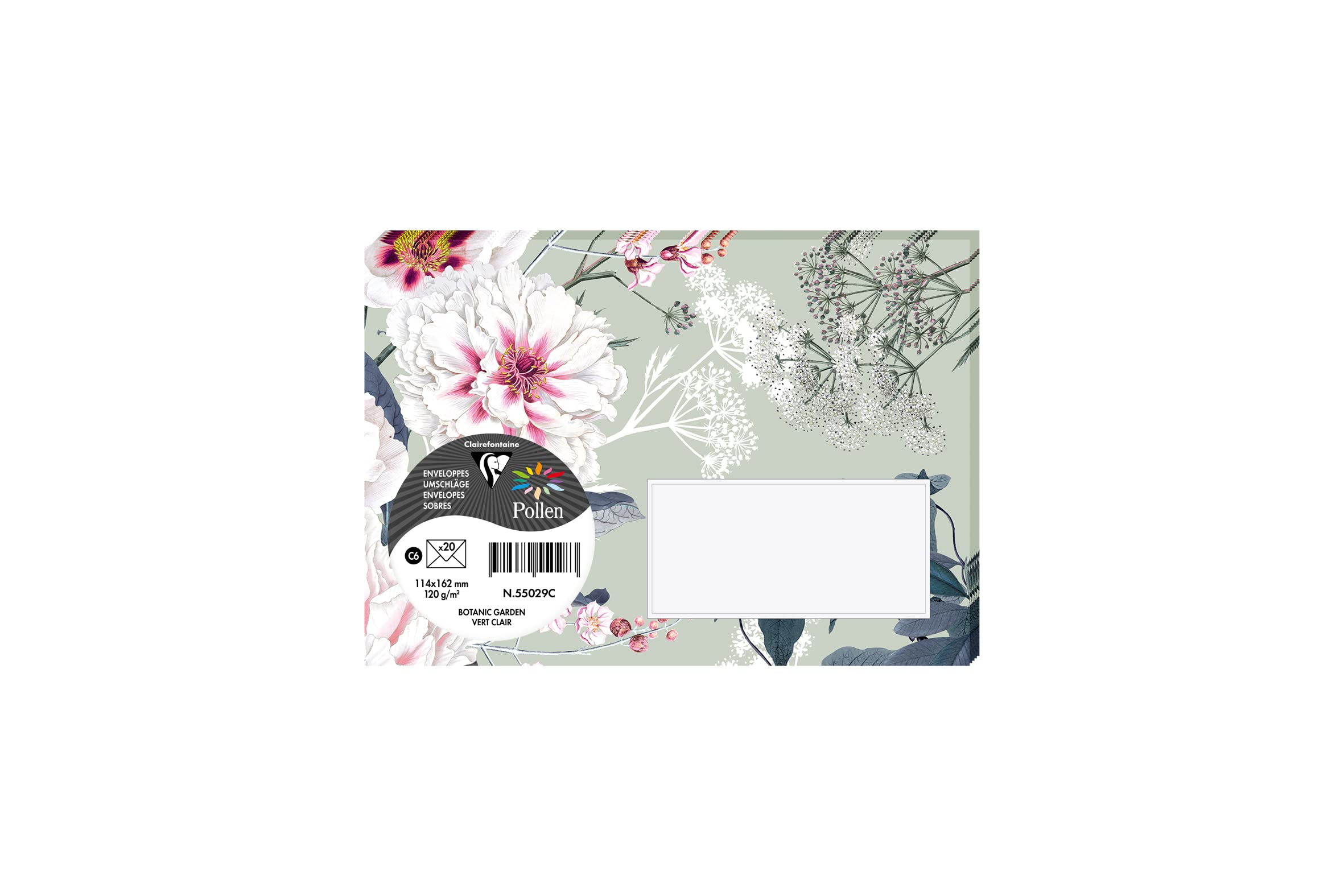 Clairefontaine 55029C Botanic Garden Theme Set of 20 Gummed Printed Envelopes C6 Size 11,4x16,2cm 120g Light Green Colour Invitations & Correspondence Pollen Range