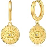 SANNYRA Gold Coin Earrings, Gold Huggie Dangle Earrings for Women, 14K Gold Plated Charm Dainty Hoop Jewelry