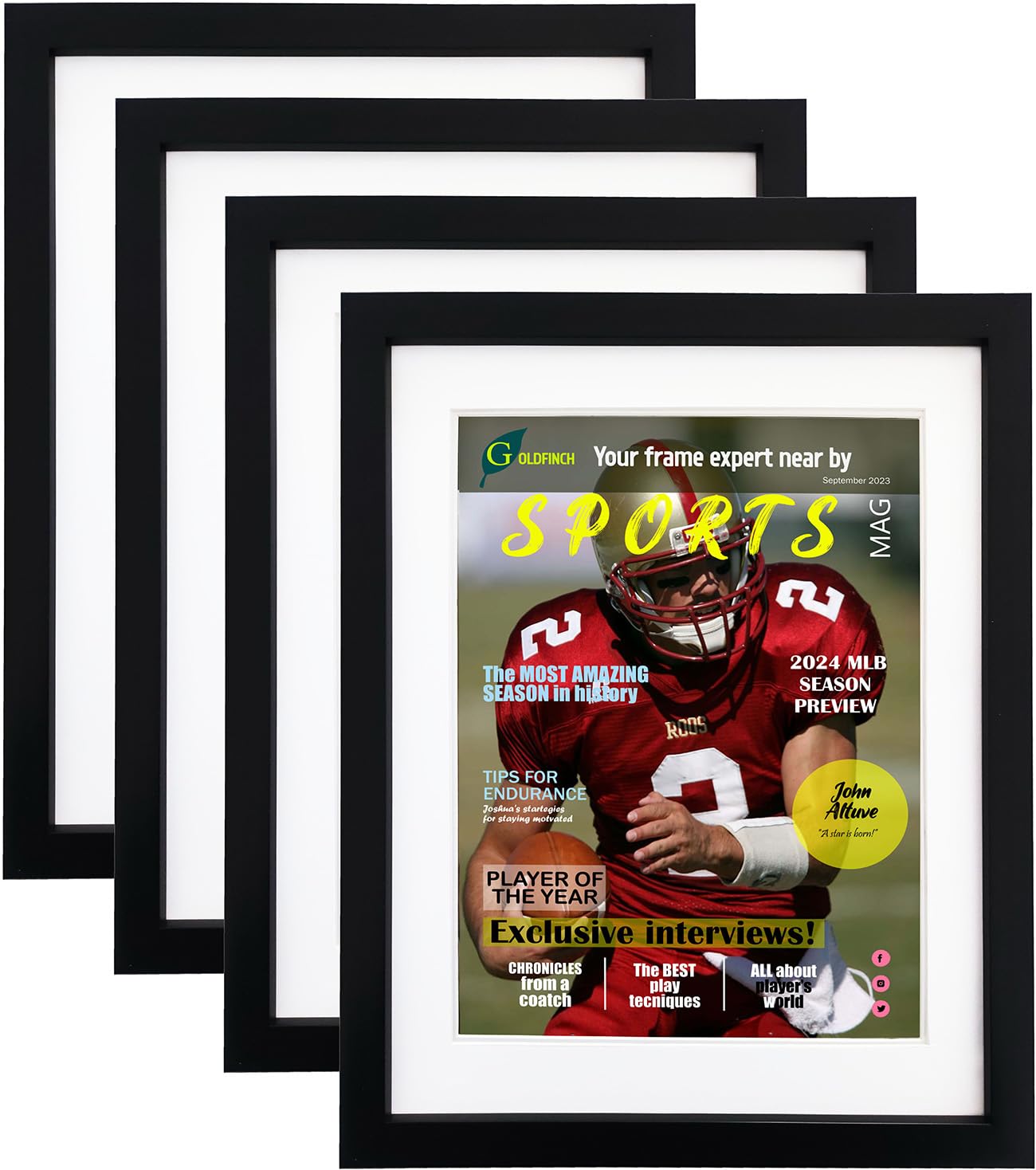 Photo 1 of 4 Packs Sports Magazine Frames Displays Magazines Measuring 8.5 x 11.25 or 8.25 x 11 inches with Double White Core Matting, Deep Frame Moulding, with Installed Hangers