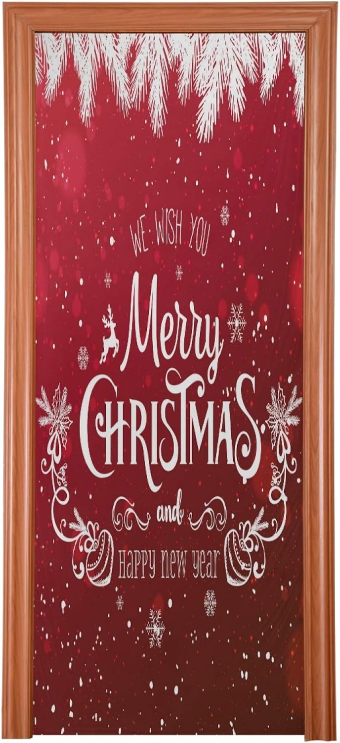 Garage Door Decorations - Qilmy Christmas Door Cover Washable High Elastic Fabric Waterproof Front Festive Door Cover For Home, Indoor Outdoor Party Decoration,35 x 79 Inch