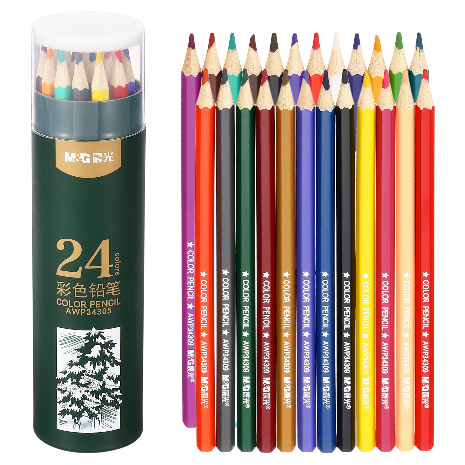 M&G 24 Colors Colored Pencils Set, 24pcs Oil Based Drawing Color Pencil Art Supplies for Beginner Adult Coloring Book Gifts with Green Pencil Holder