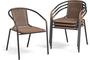 UDPATIO Rattan Patio Dining Chairs Set of 4, Wicker Stackable Outdoor Chairs with All Weather Curved Back & Metal Frame, for Indoor Restaurant Porch Deck, Brown
